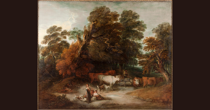 Wooded Landscape with a Milkmaid, Rustic Lovers, and a Herdsman by Thomas Gainsborough  c.1775–1777